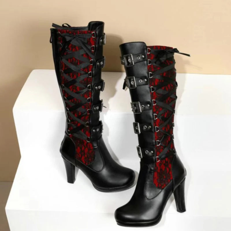 Lace Up Chunky High Heel Mid Calf Boots for Women