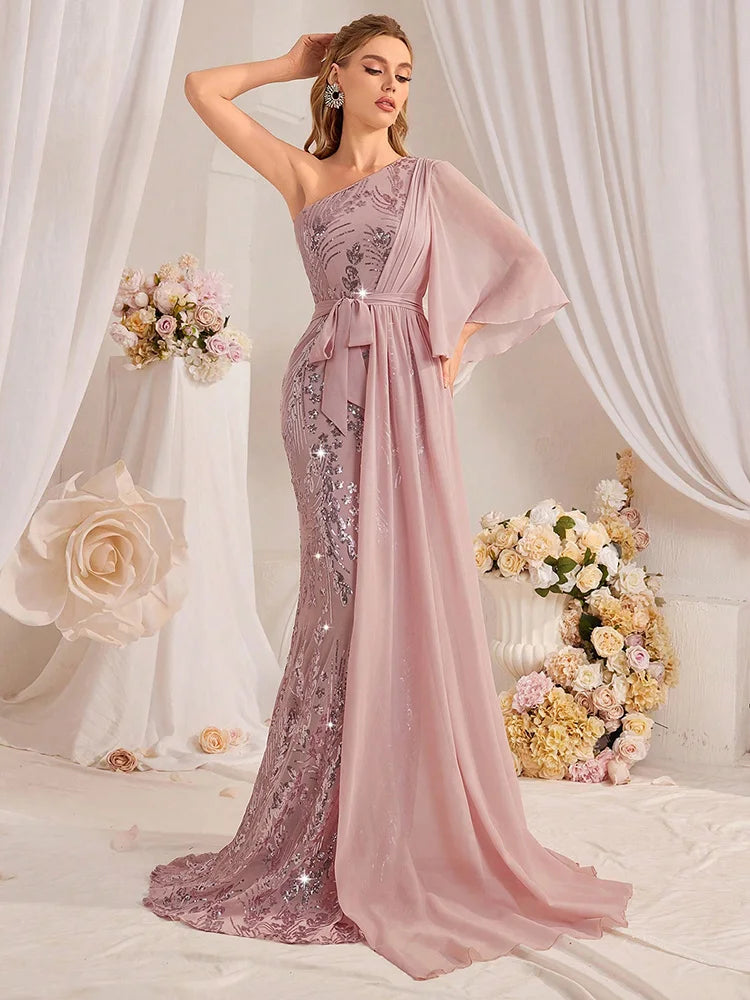 TOLEEN 2024 New Luxury Elegant Sequin Long Maxi Gown Dresses Women's One Shoulder Sparkle Patchwork Formal Party Evening Dress