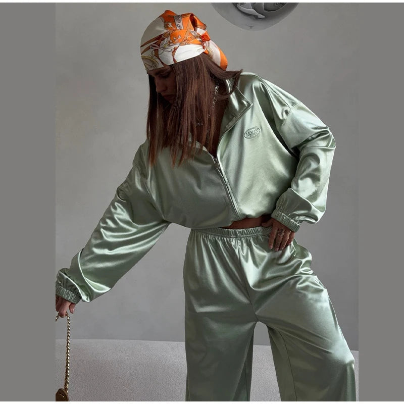 Loose Solid Satin Two Piece Pants Set With Zipper Jacket For Women