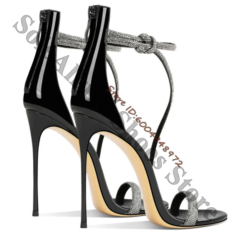 Gloss Black Patent Rhinestone Wrap Stiletto Sandals For Women