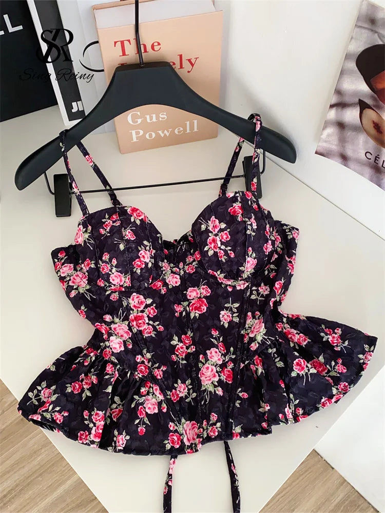 French Corset Print Ruffle Strap Tank Top for Women
