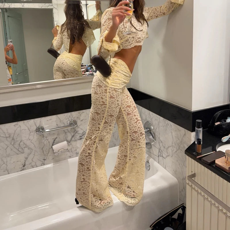 Fashion O-neck Crop Top & Long Pant Women Outfits Elegant Backless Design Slim Party Set Sexy Lace Embroidery Solid 2 Piece Suit