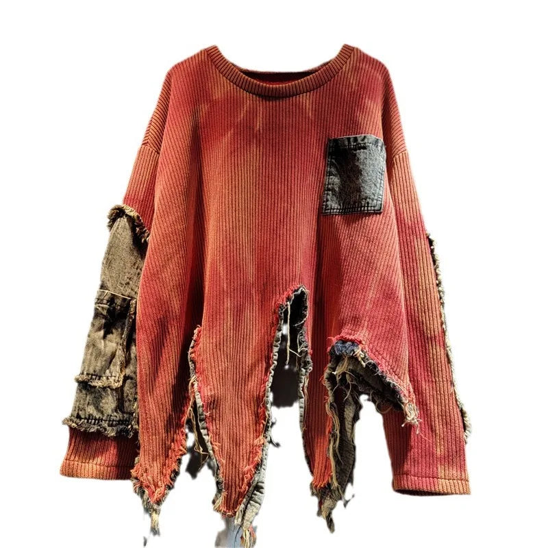 YEAE women's pullover long-sleeved tie-dye irregular old patchwork retro loose denim sweater 2024 autumn new fashion