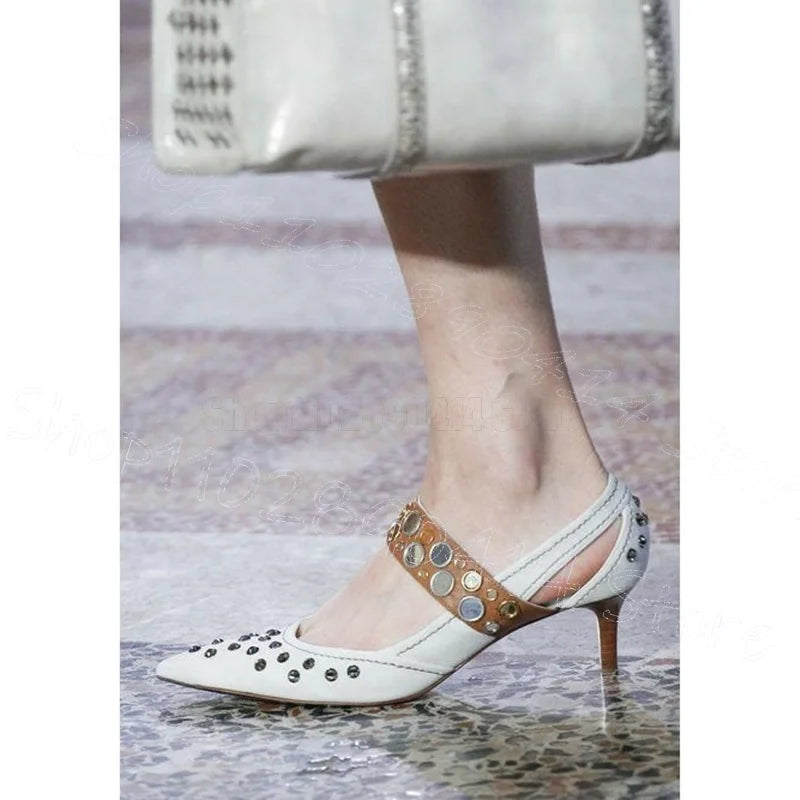 Orange Corduroy Crystal Rivet Pointed Toe Pumps for Women