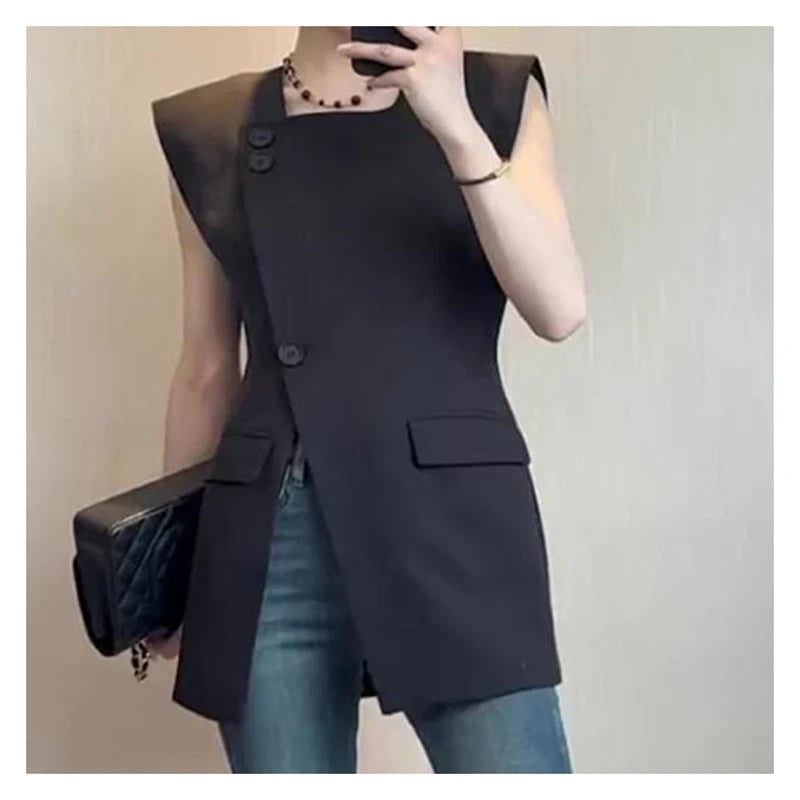 Black Button Front Split Sleeveless Vest For Women