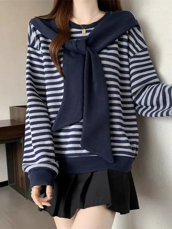 Plus Size Preppy O Neck Long Sleeve Bow Sweatshirt For Women