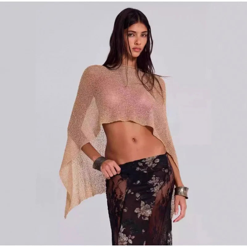 Sheer Knit O Neck Asymmetrical Loose Blouse for Women