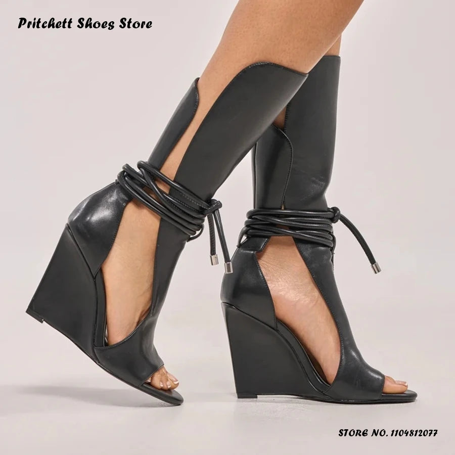 Lace Up Cross Tie Open Toe Wedge Ankle Boots for Women