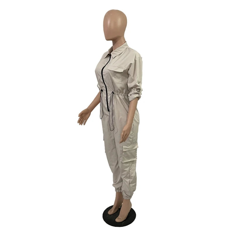 Long Sleeve Utility Cargo Jumpsuit With Pockets for Women