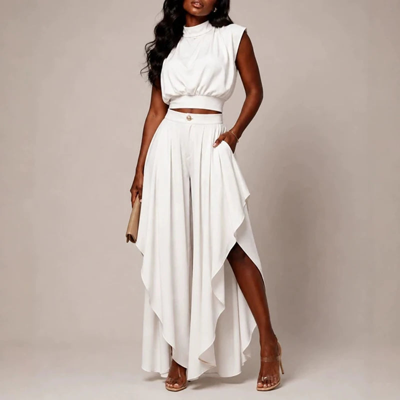 Elegant Ruffled Crop Top and Wide Leg Pants Set for Women