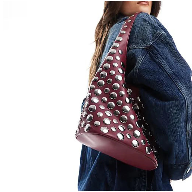 New Rivet Series Bucket Bag Motorcycle Texture Trendy Handbag Tortoise Shell Sequins Versatile Simple Fashion Soft Bag Lady Bag
