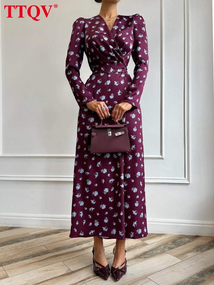 Printed V Neck Long Sleeve Ankle Length Dress for Women