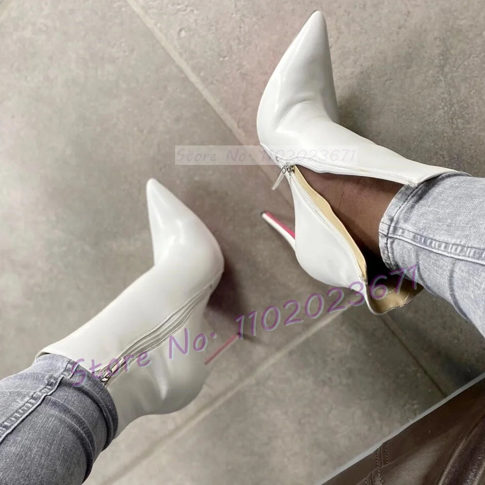 Pink Sole White Ankle Boots Women Pointed Toe Stylish Patent Leather High Heels Boots Female Elegant Casual Crocodile Shoes