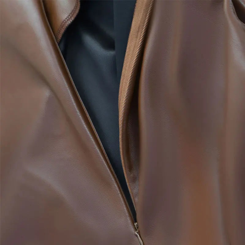 Summer Women's Maxi Dresses Streetwear Fashion New Zipper O-Neck PU Dress Solid Sexy Bodycon Female Club Party Dresses Clothing