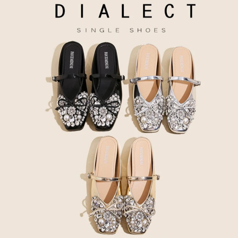 Pearl Bow Embellished Square Toe Flat Shoes For Women