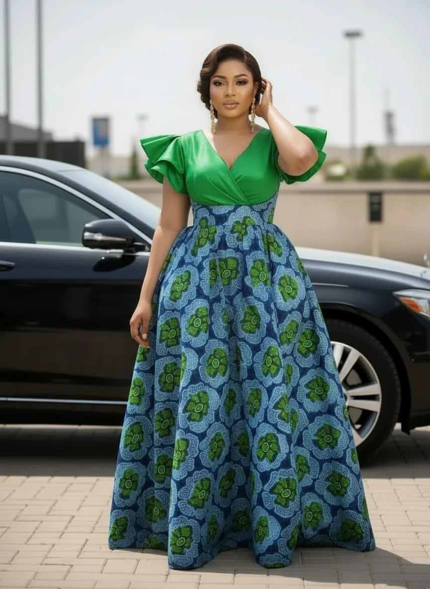 Plus Size V Neck Ruffle Short Sleeve Patchwork Print Maxi Flare Dress For Women Wedding Guest Daily Party Occasions