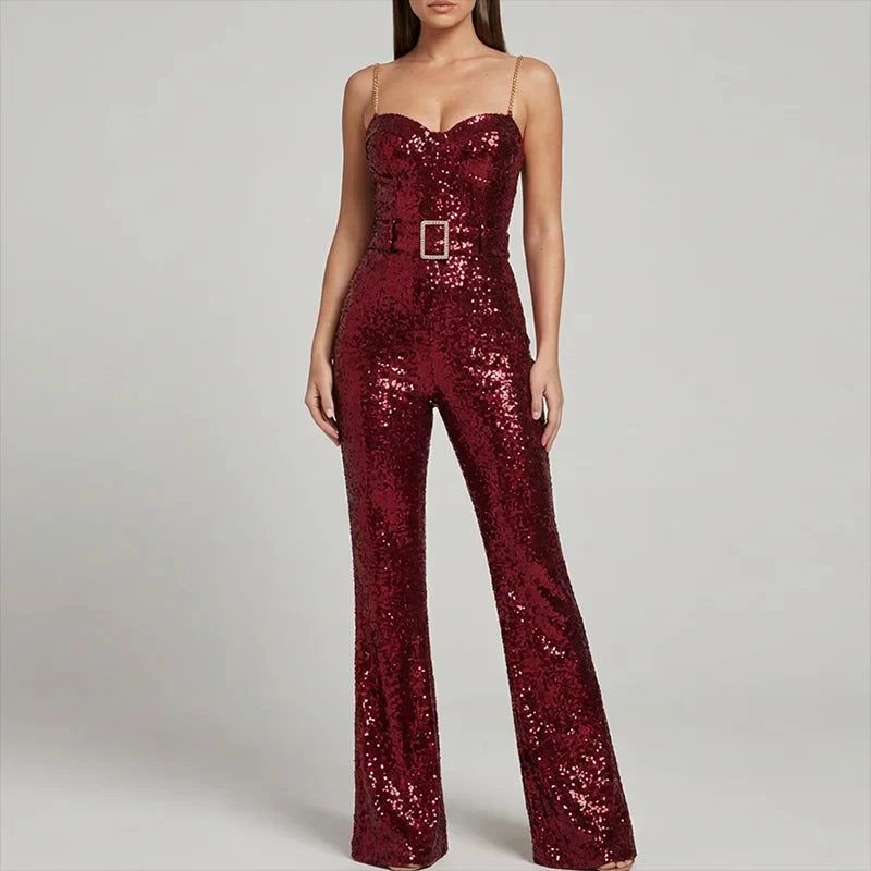 Sexy Off Shoulder Sleeveless Party Playsuit Fashion Match Belt Slim Fit Long Rompers Elegant Shiny Sequins Chain Sling Jumpsuit