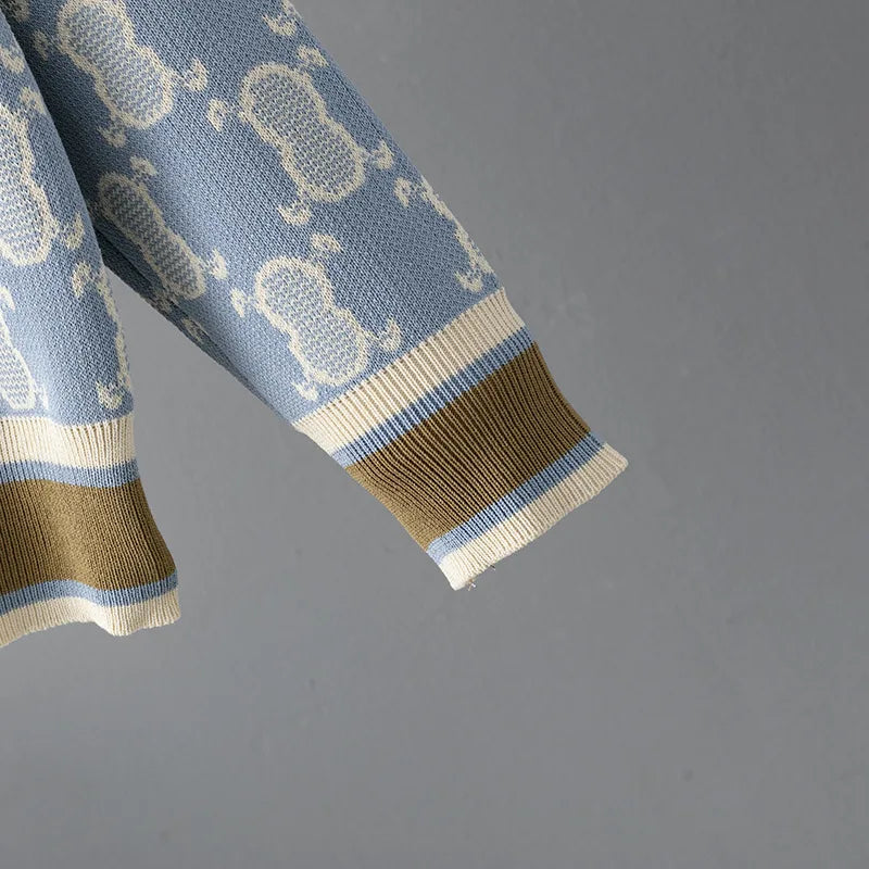V-Neck Printed Knit Sweater and Pants Set for Women
