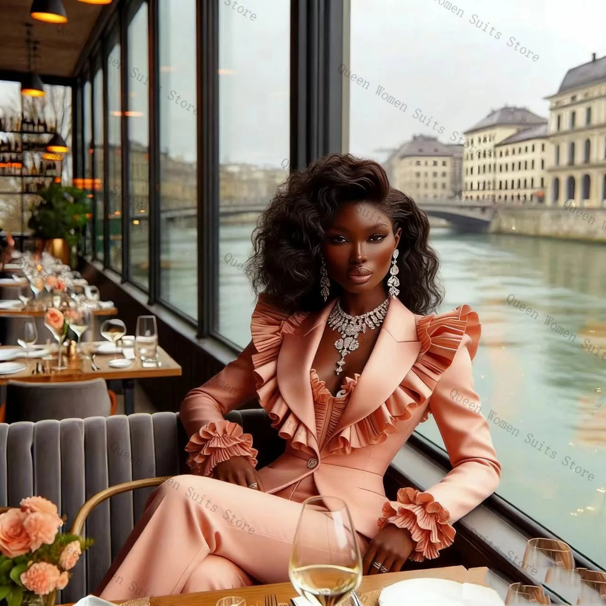 Sophisticated Ruffle Sleeve Two Piece Suit Set for Women
