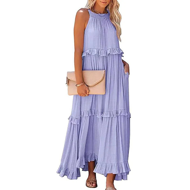Solid Ruffled Sleeveless Maxi Sundress for Women
