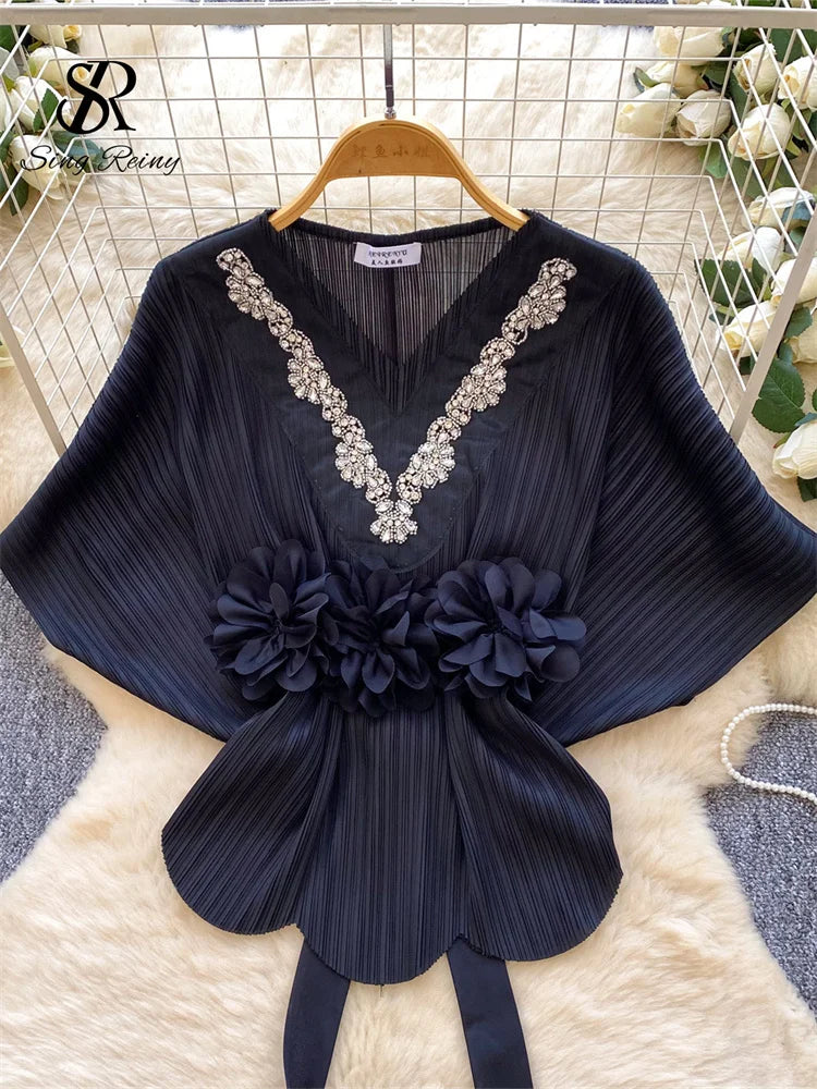 Diamond Embellished Batwing Sleeve Blouse for Women