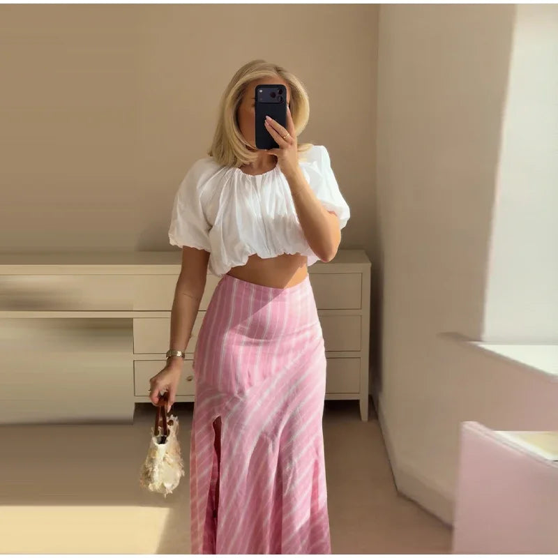 Elegant Striped Long Sleeve Shirt and Skirt Set for Women