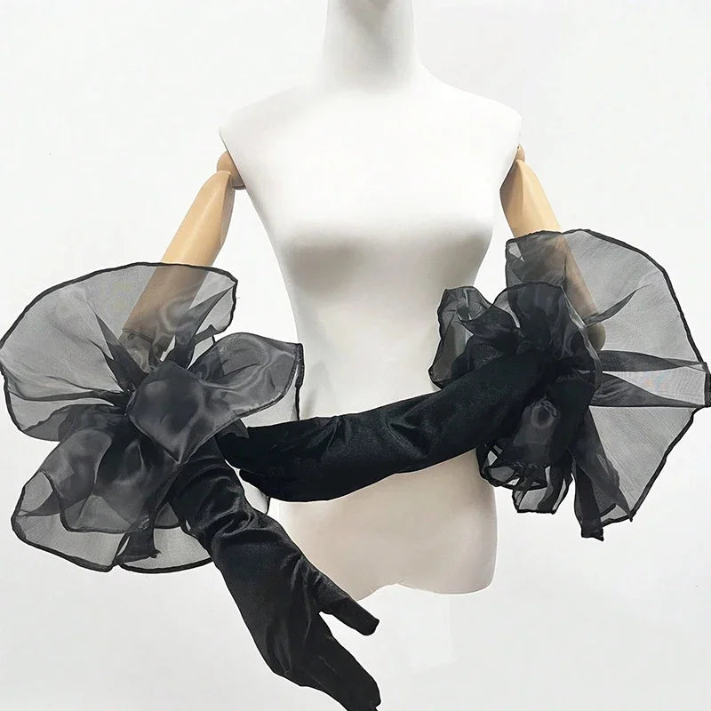 Elegant Velvet Elbow Length Ruffle Gloves for Women