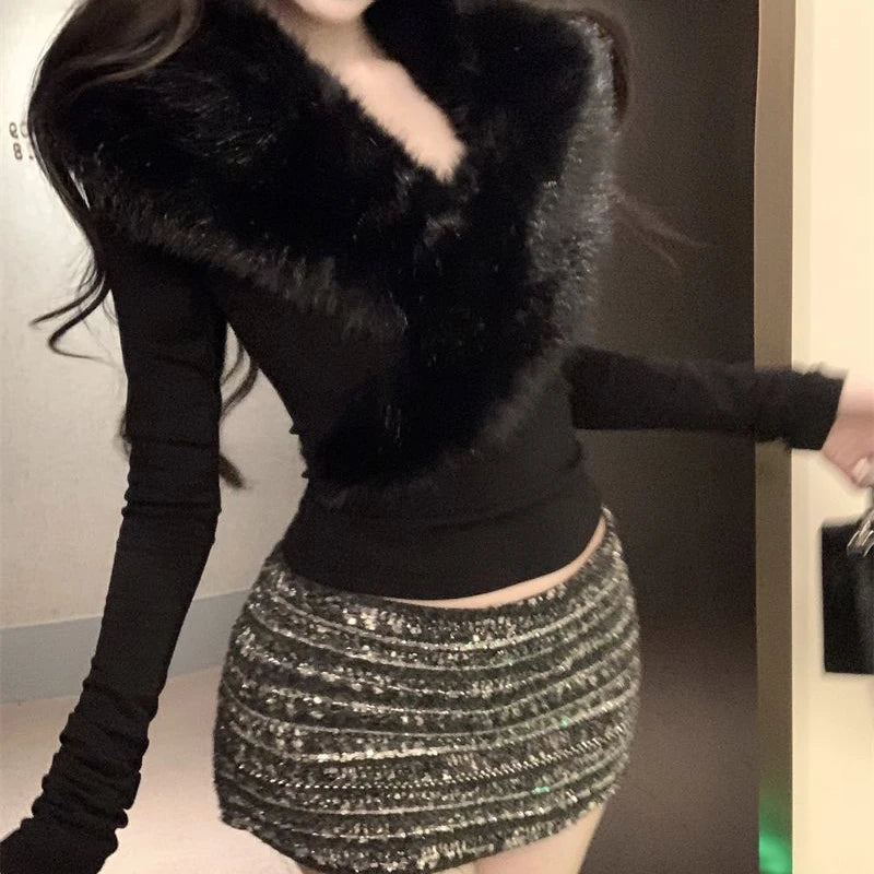 American Spice Girl Cross Fur Collar Long Sleeve T-shirt Women's winter high-grade sense waist slim fit with slim bottoming top.