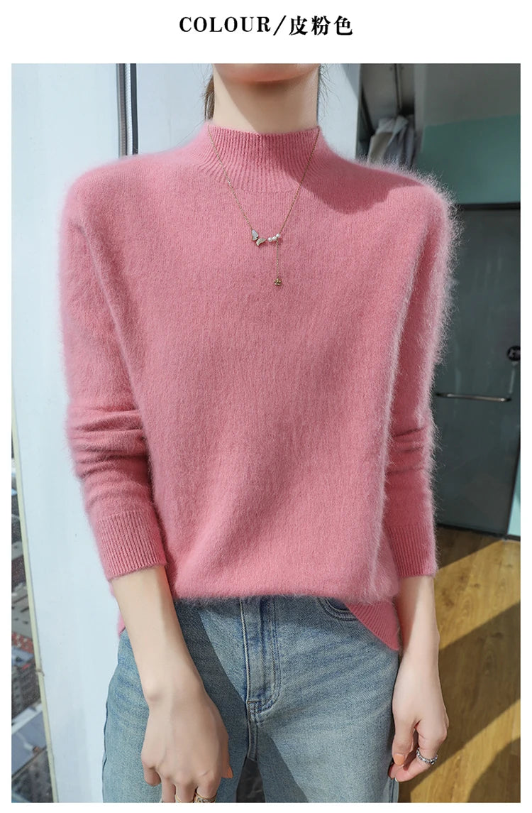 Loose Cashmere Knit Half High Neck Pullover Sweater for Women