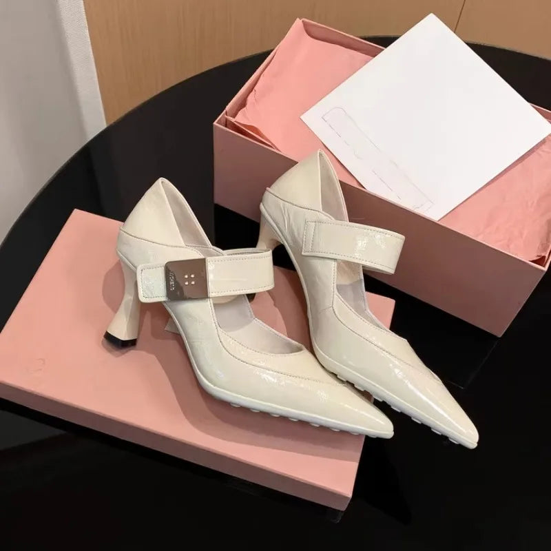 Soft Leather Pointed Toe Pumps With Metal Buckle for Women