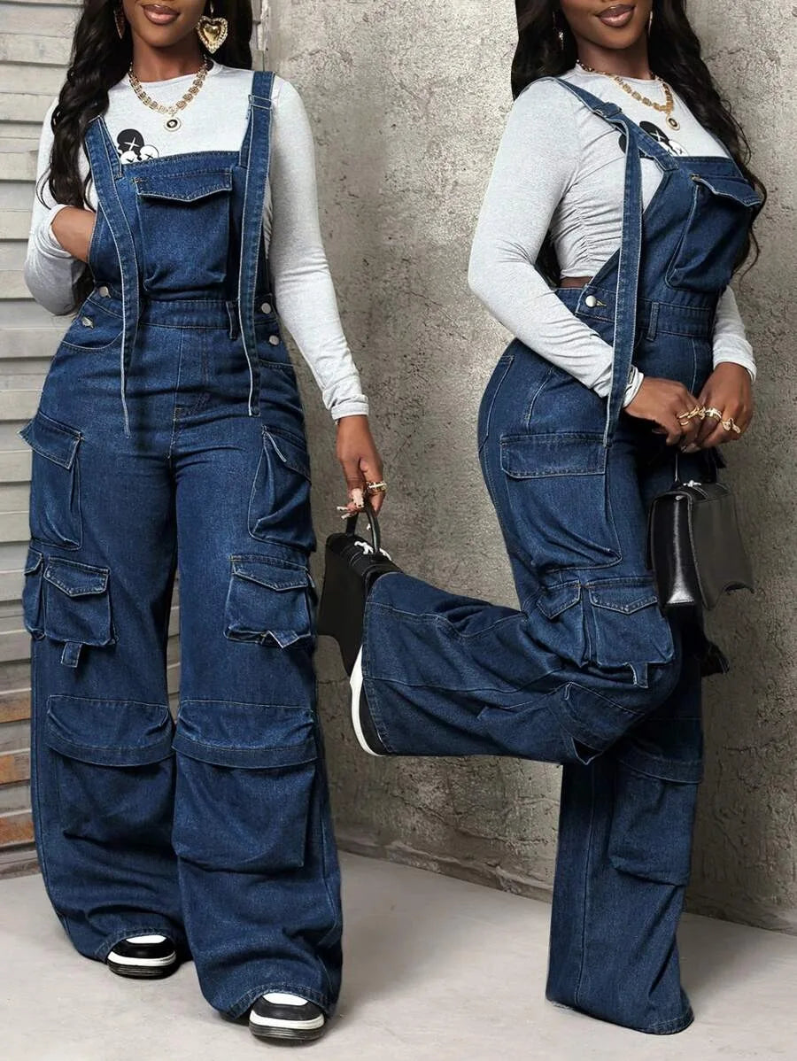 Patchwork Denim Jumpsuit with Spaghetti Straps for Women