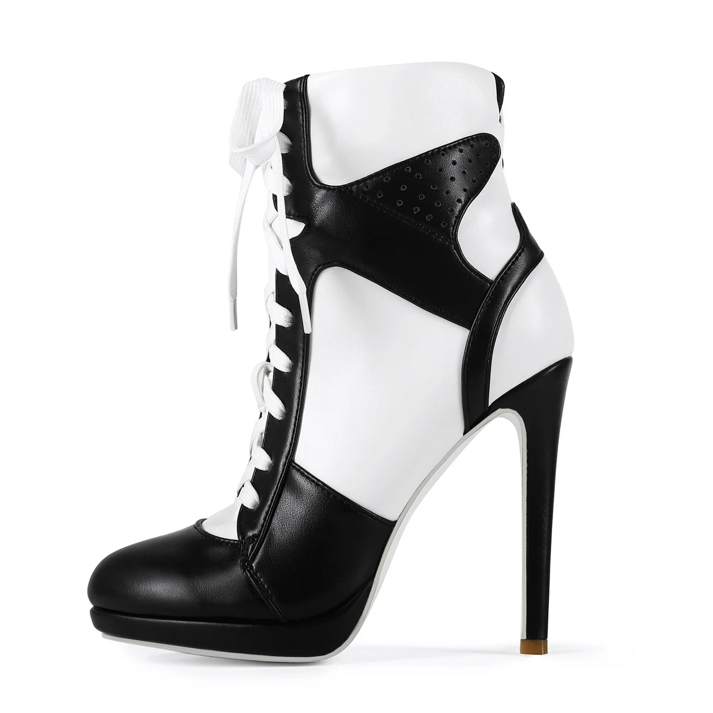 Plus Size Black White Lace-Up Stiletto Mid-Calf Boots For Women