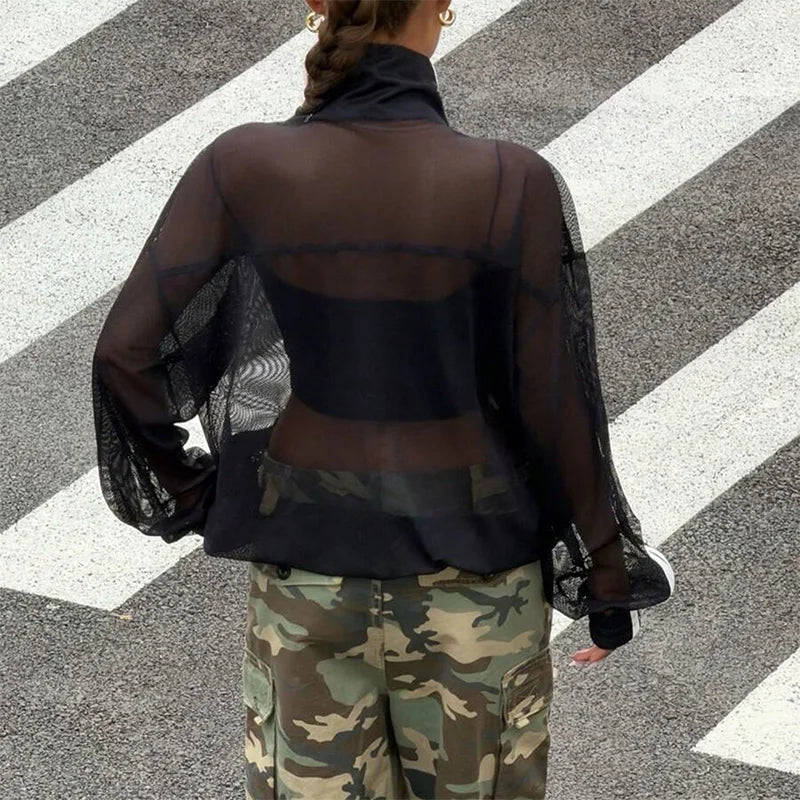 Sheer Mesh Stand Collar Frog Button Jacket for Women