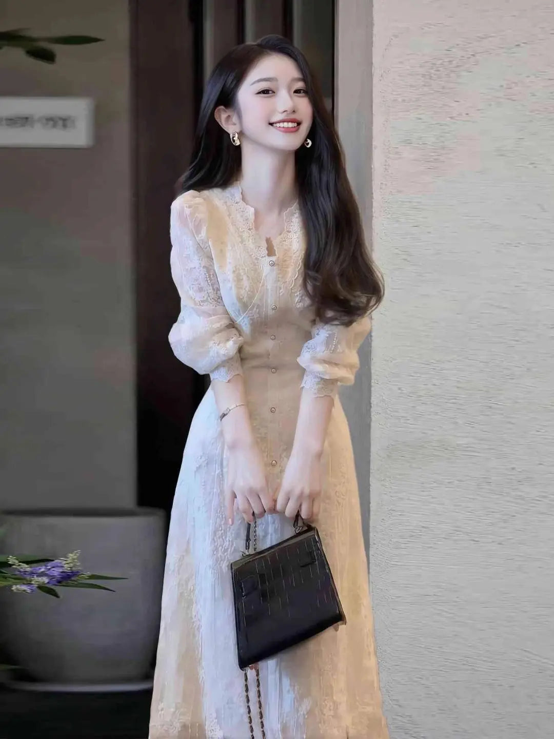 Elegant Lace Embroidered A-Line Dress with Long Sleeve for Women