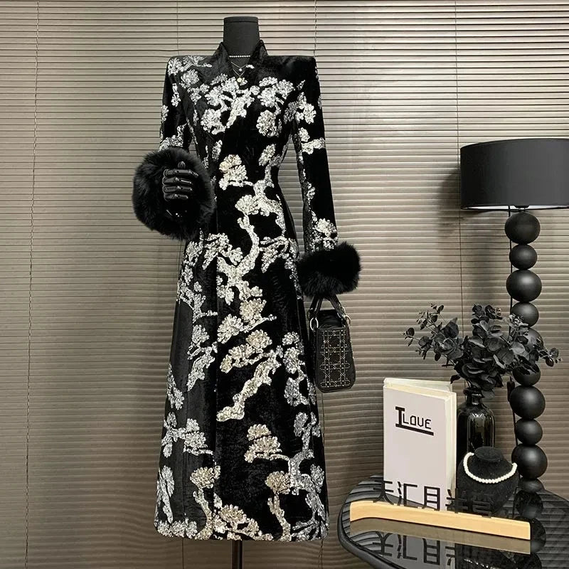 Black Velvet Sequins Windbreaker Coat Autumn/Winter New English style Luxury Sequin Embroidered Women's Coat