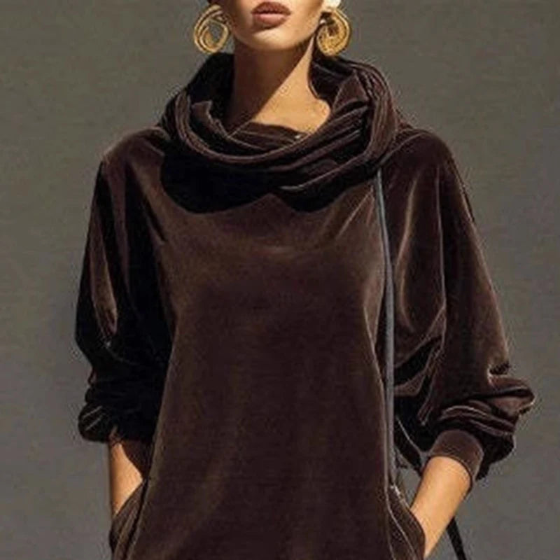 Autumn Winter Solid Velvet Pullovers Dress Woman Fashion Pile Collar Straight Mini Dress Vintage Long Sleeve Pocket A-Line Dress