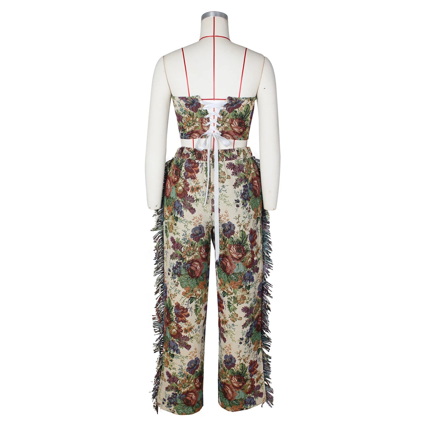 Floral Print Strapless Knitted Two Piece Cargo Pants Set for Women