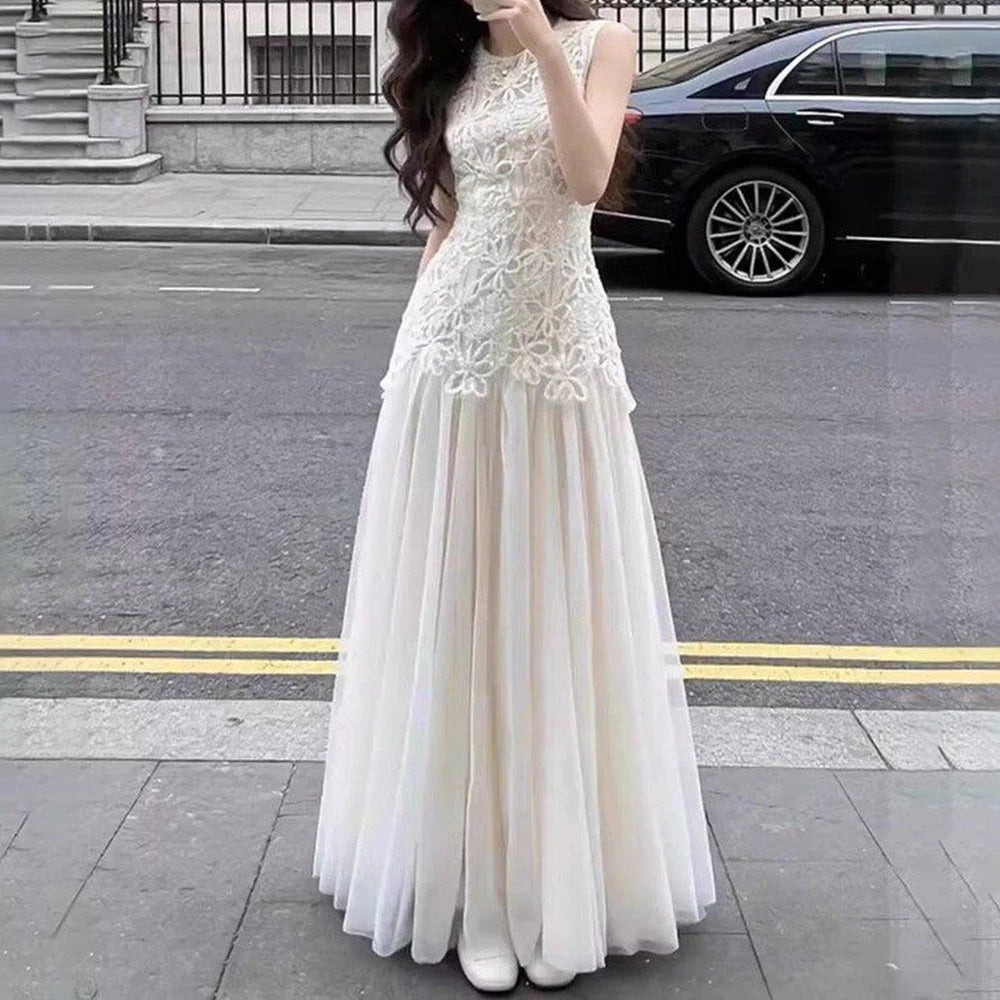 Regular Fit Crew Neck Embroidered Summer Midi Dress for Women