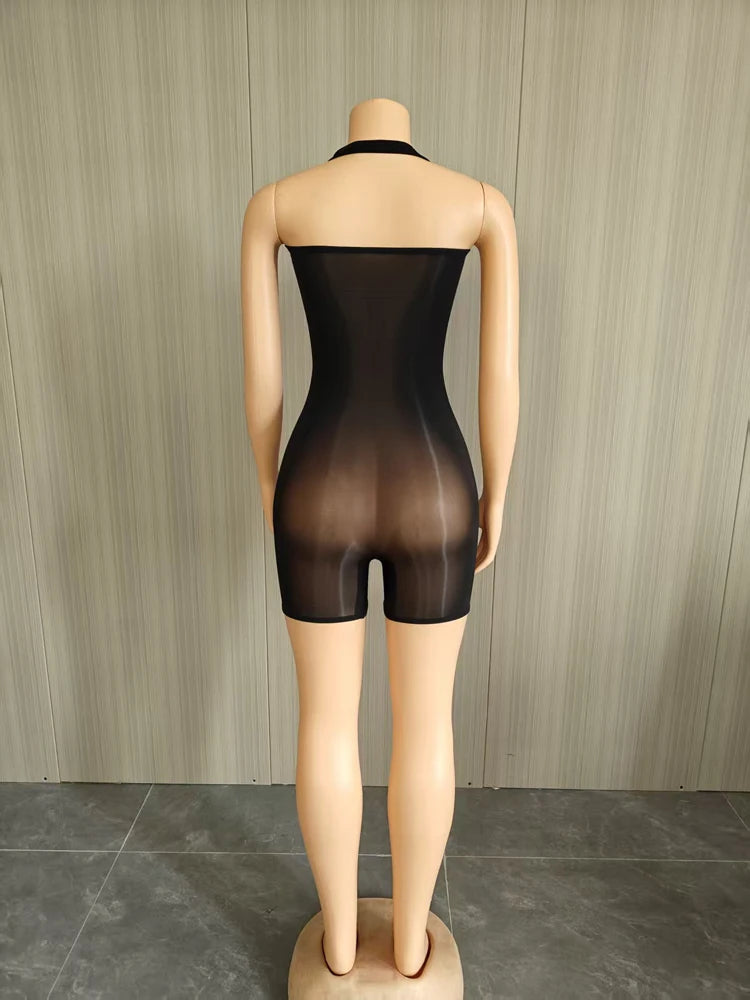 Glossy Stretch Sleeveless One Piece Short Romper for Women