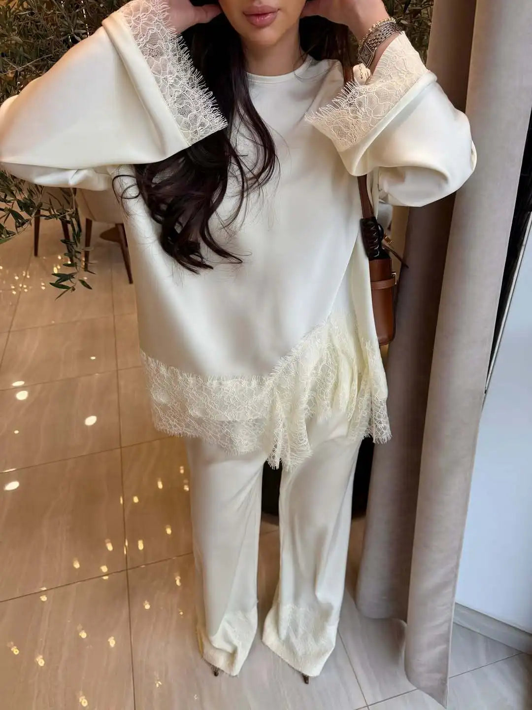 Elegant Lace Satin Wide Leg Pants Two Piece Set for Women