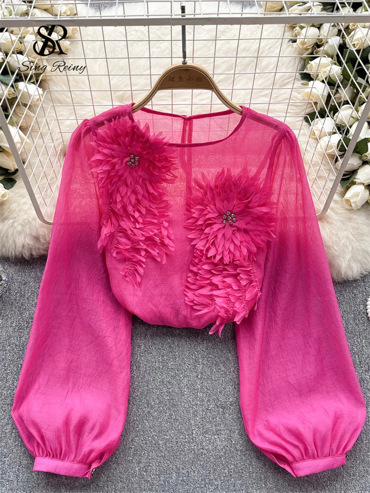 Sheer Floral Bohemian Long Sleeve Satin Blouse for Women