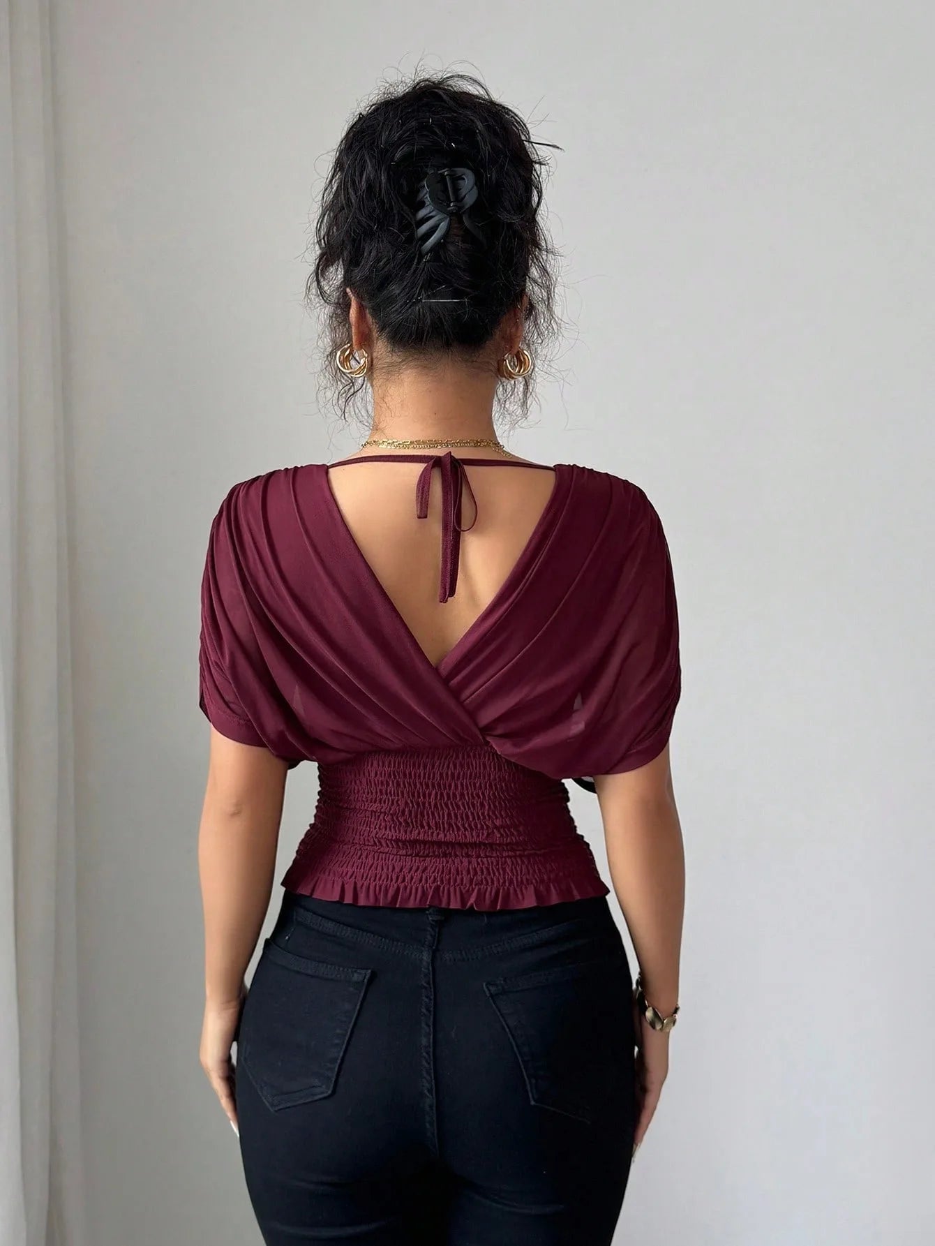 Elegant Deep V Neck Flutter Sleeve Waist Cinching Top for Women