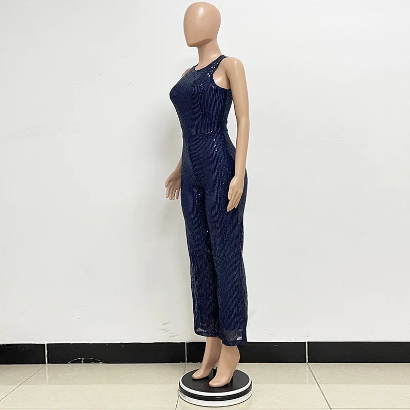 Elegant Silver Sequined Straight Cut Jumpsuit for Women