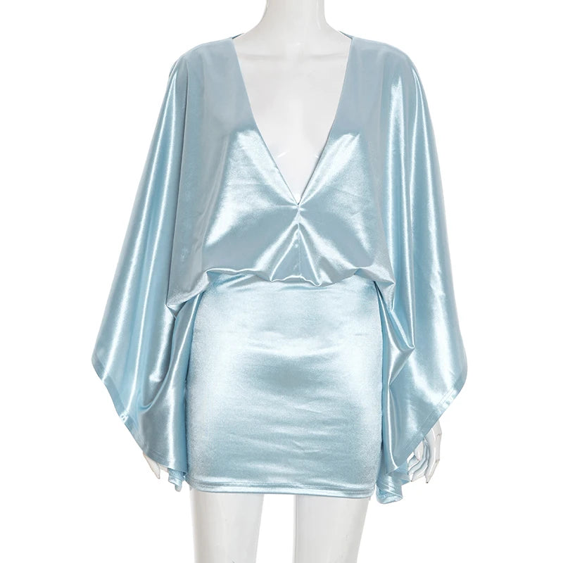 Chic Satin V Neck Bat Sleeve Elegant Mini Dress for Women