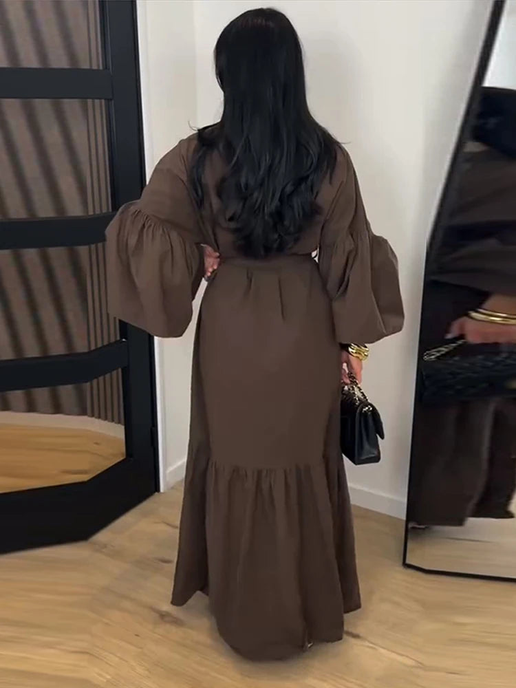 Casual Belted Long Lantern Sleeve Button Dress for Women