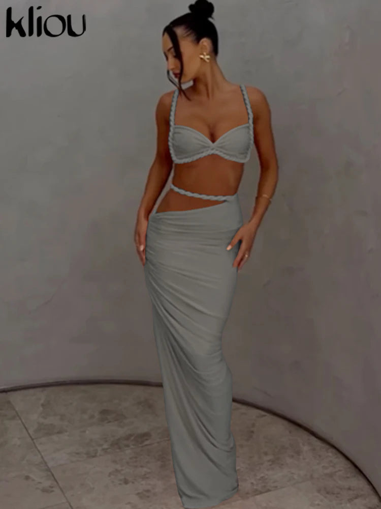 Woven Pleated Crop Top and Maxi Skirt Two Piece Set for Women