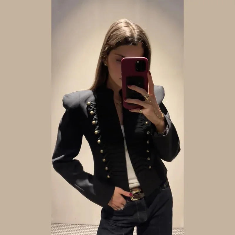Chic Shoulder Padded Stand Collar Full Sleeve Blazer for Women