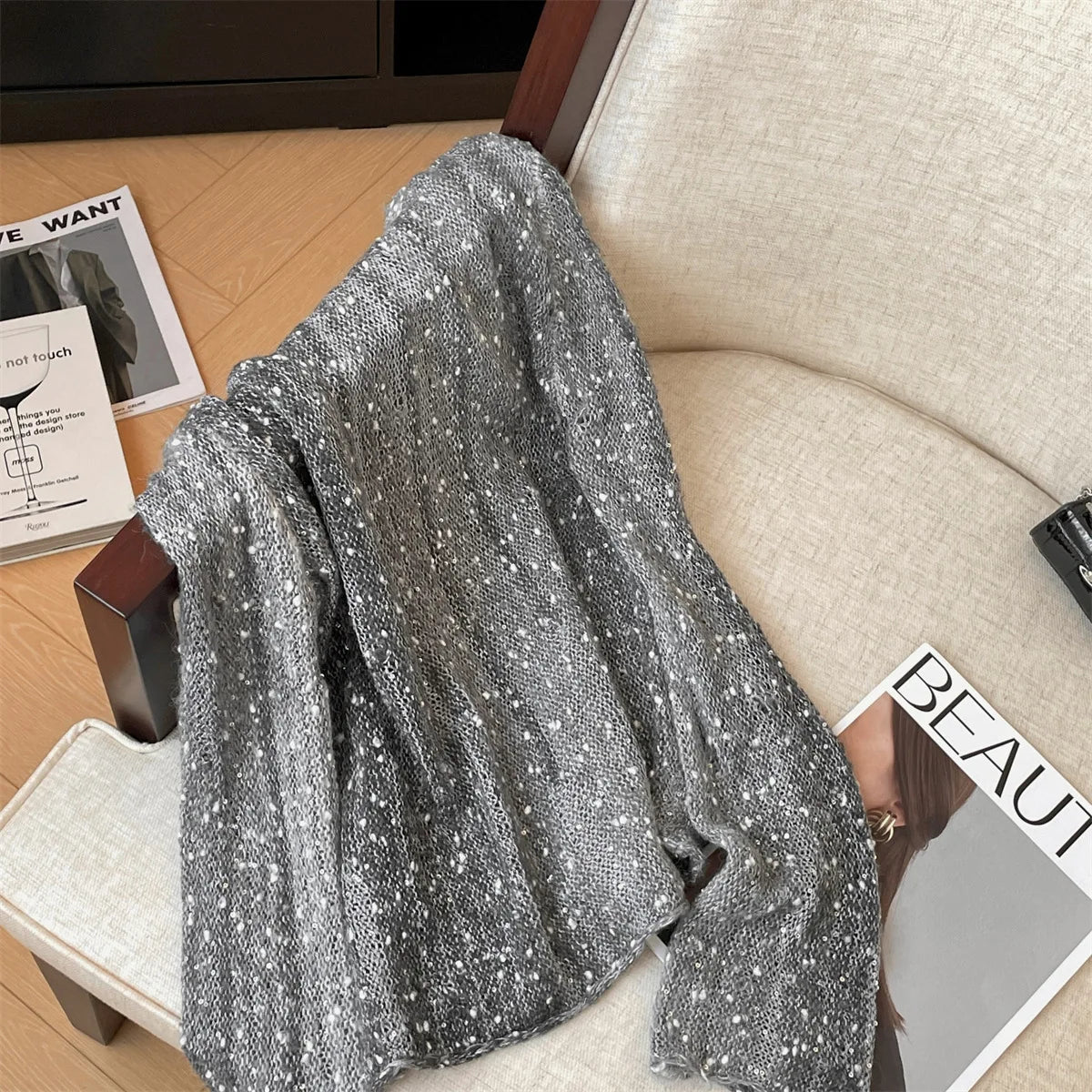 Sequin Round Neck Long Sleeve Knit Sweater for Women