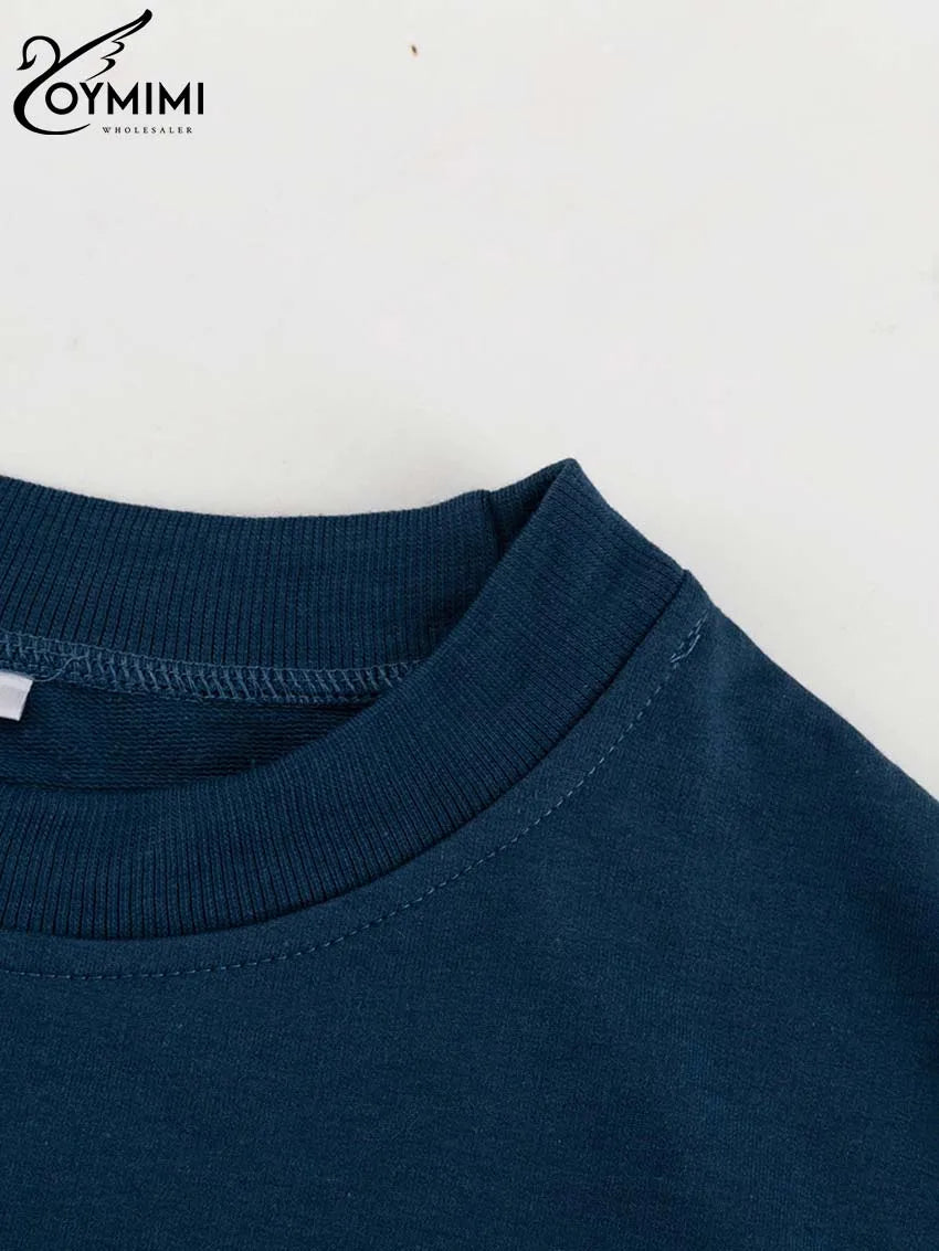 Oymimi Casual Blue Patchwork Sets For Women 2 Pieces O-Neck Long Sleeve Blouse And Drawstring Straight Sweatpants Set Streetwear