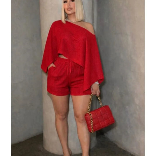 Off Shoulder Batwing Top And Shorts Set